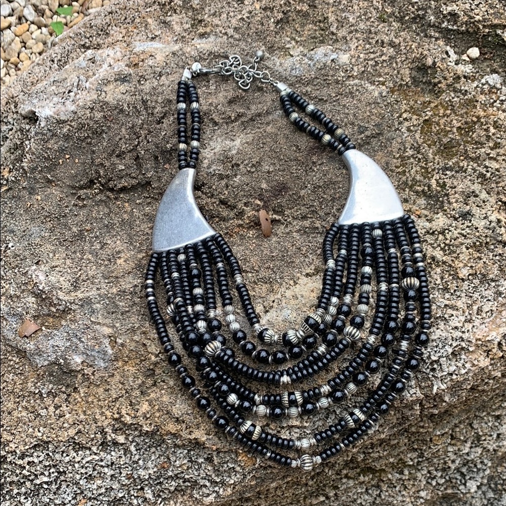 Chico's Black and Silver Multi-Strand Necklace Statement Piece